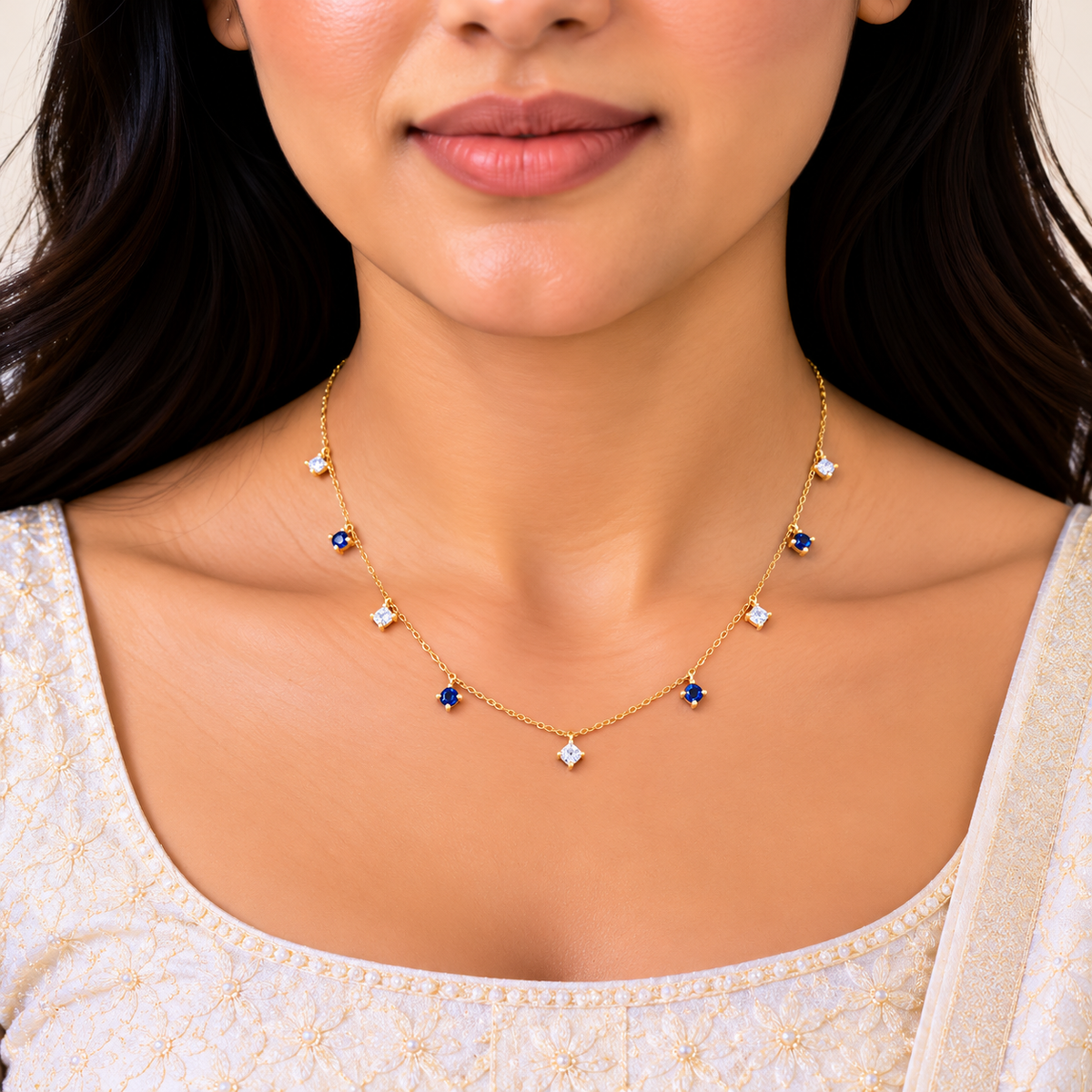 18K Gold Blue and White Stone Charm Chain – 18 Inch