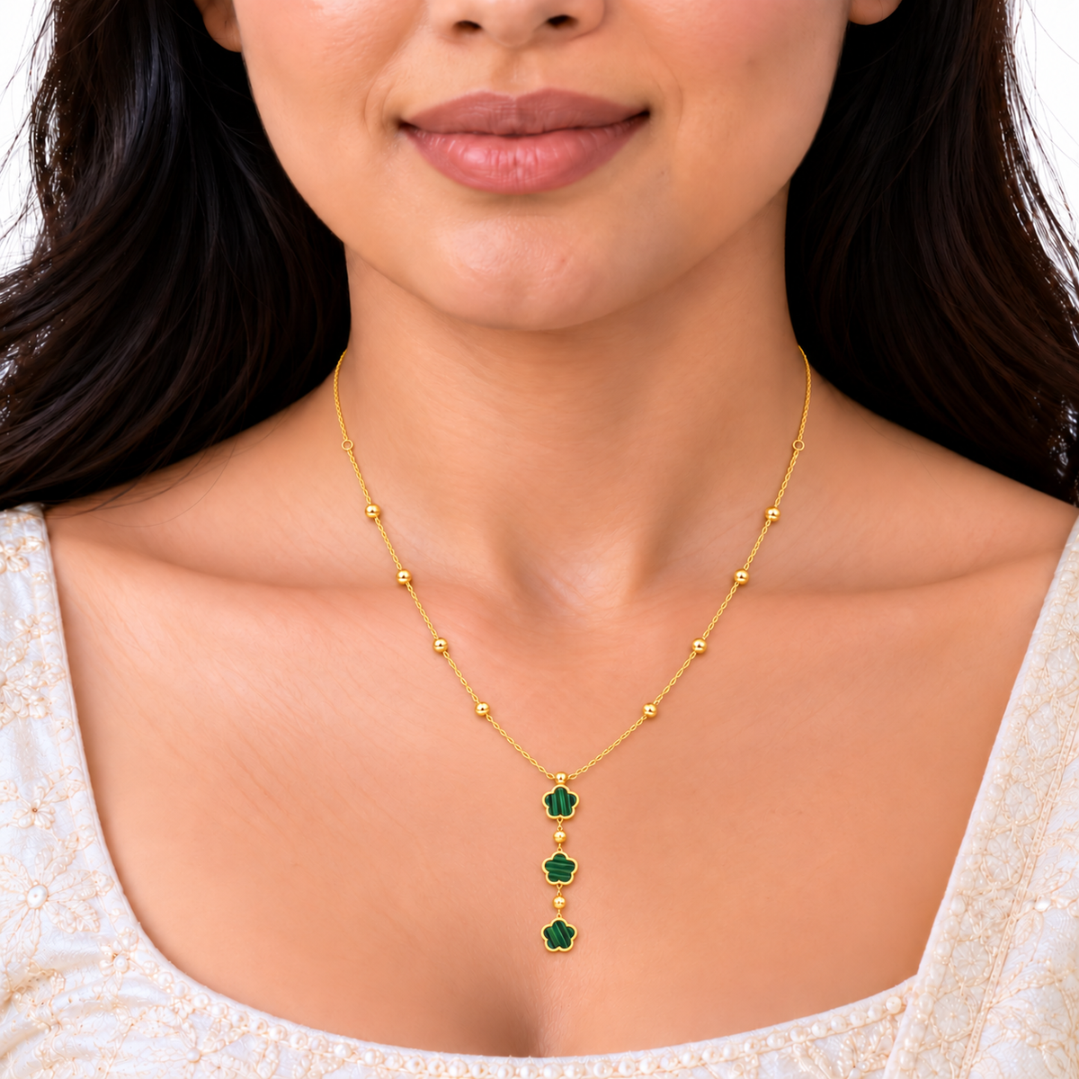 18K Gold Triple Green Clover Drop Chain – 18 Inch