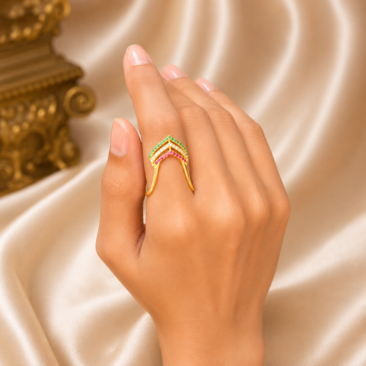 Silver Chevron Vanki Ring with Ruby, White & Emerald