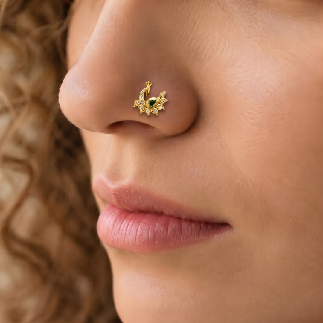 Emerald Mayura Gold-Plated Silver Nose Pin
