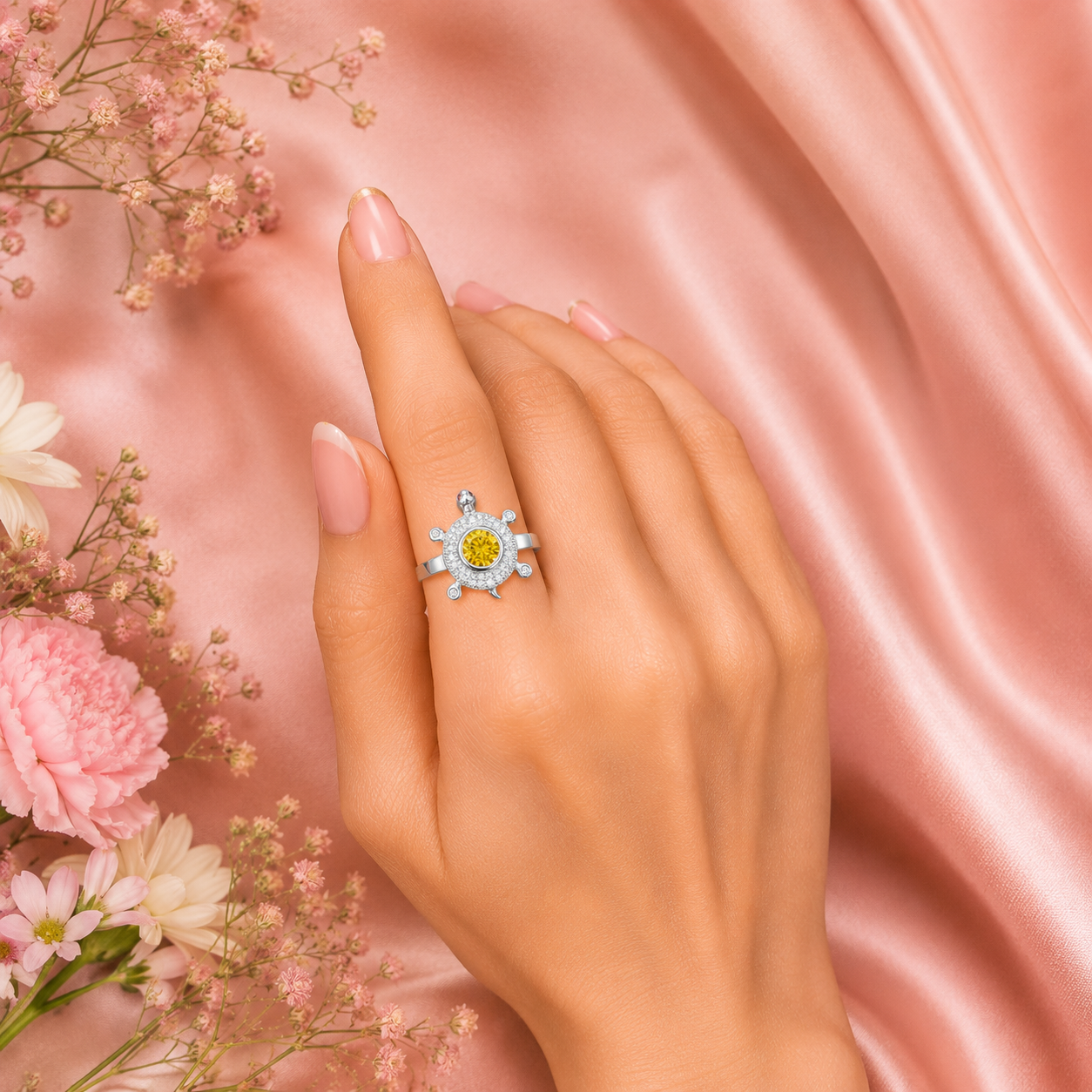 Silver Turtle Halo Ring with Yellow CZ Stone