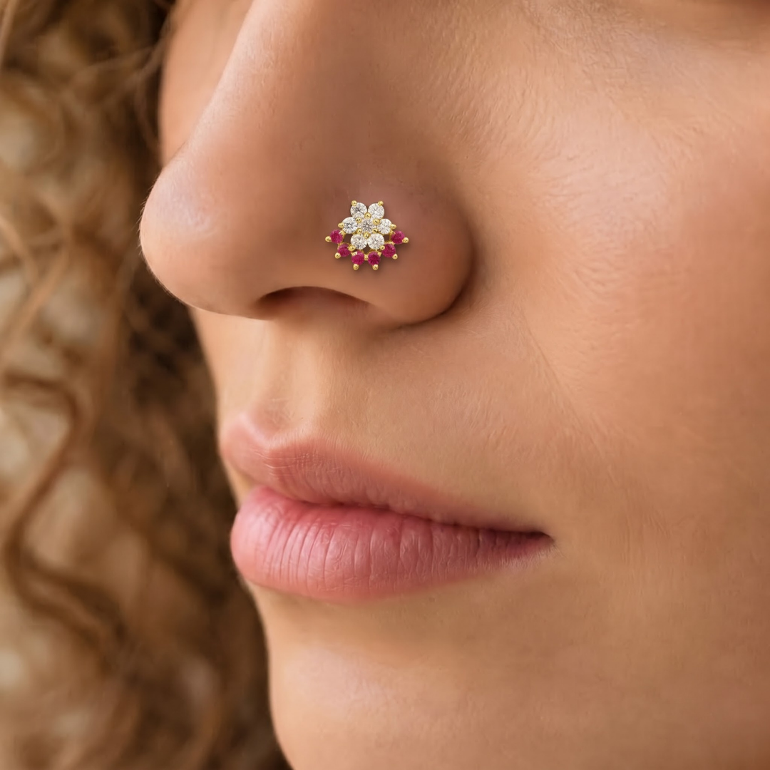 Ruby Cascade Gold-Plated Silver Nose Pin
