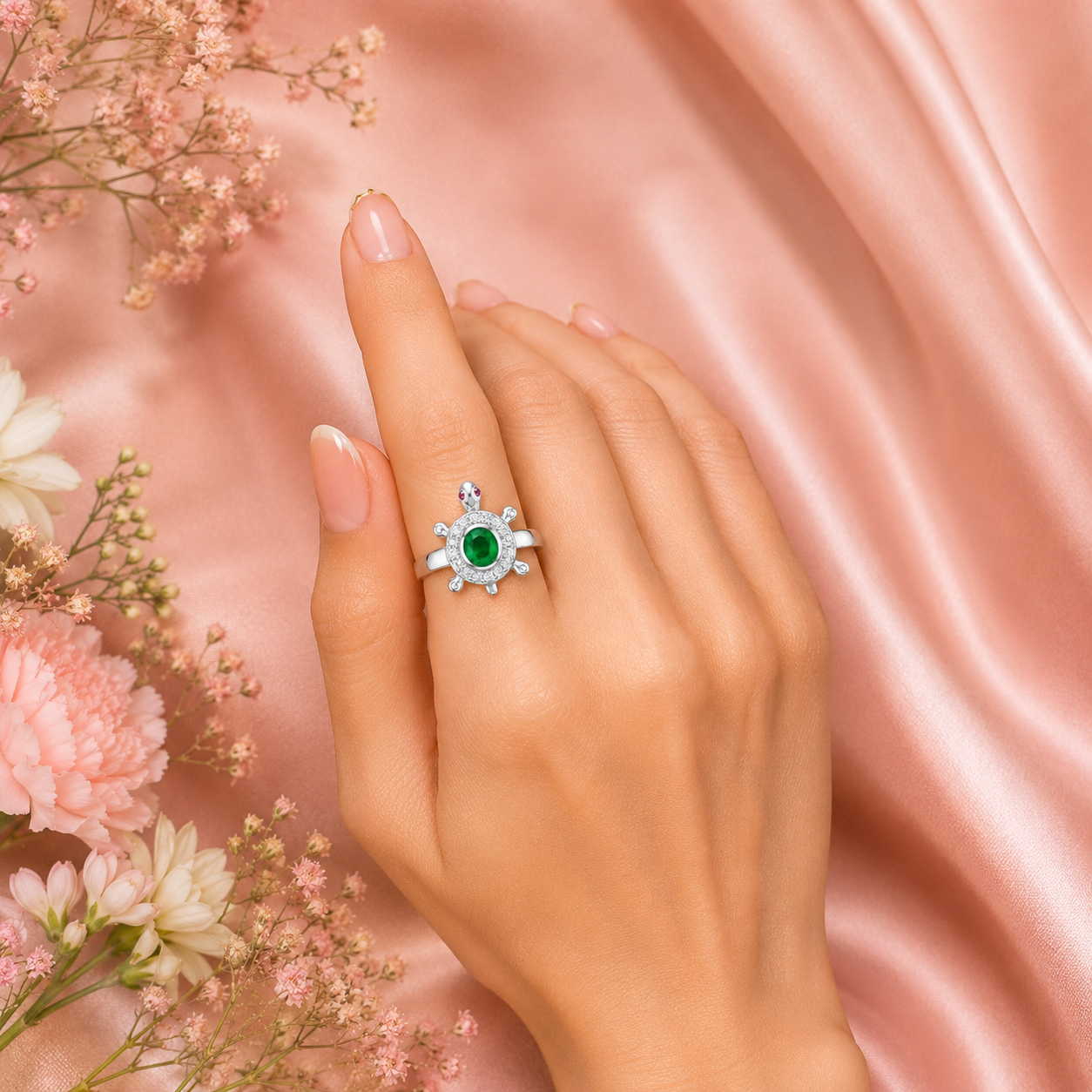 Sterling Silver Emerald Turtle Halo Ring