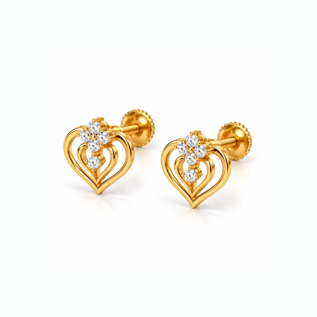 Gold Double Heart Floral Diamond Stud Earrings