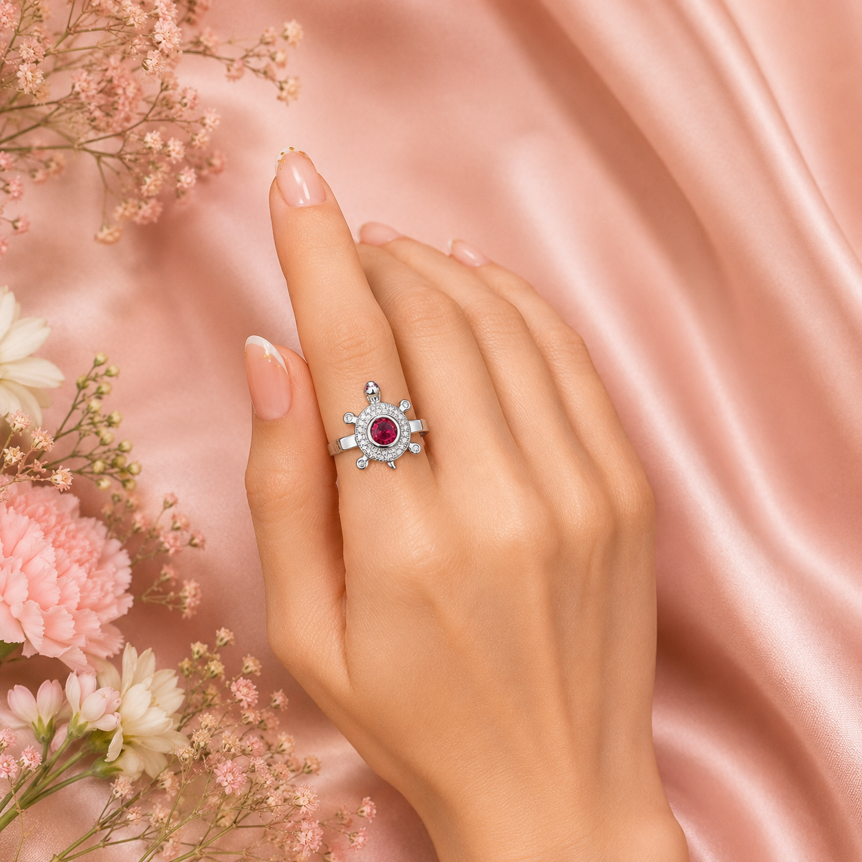 Silver Ruby Turtle Halo Ring