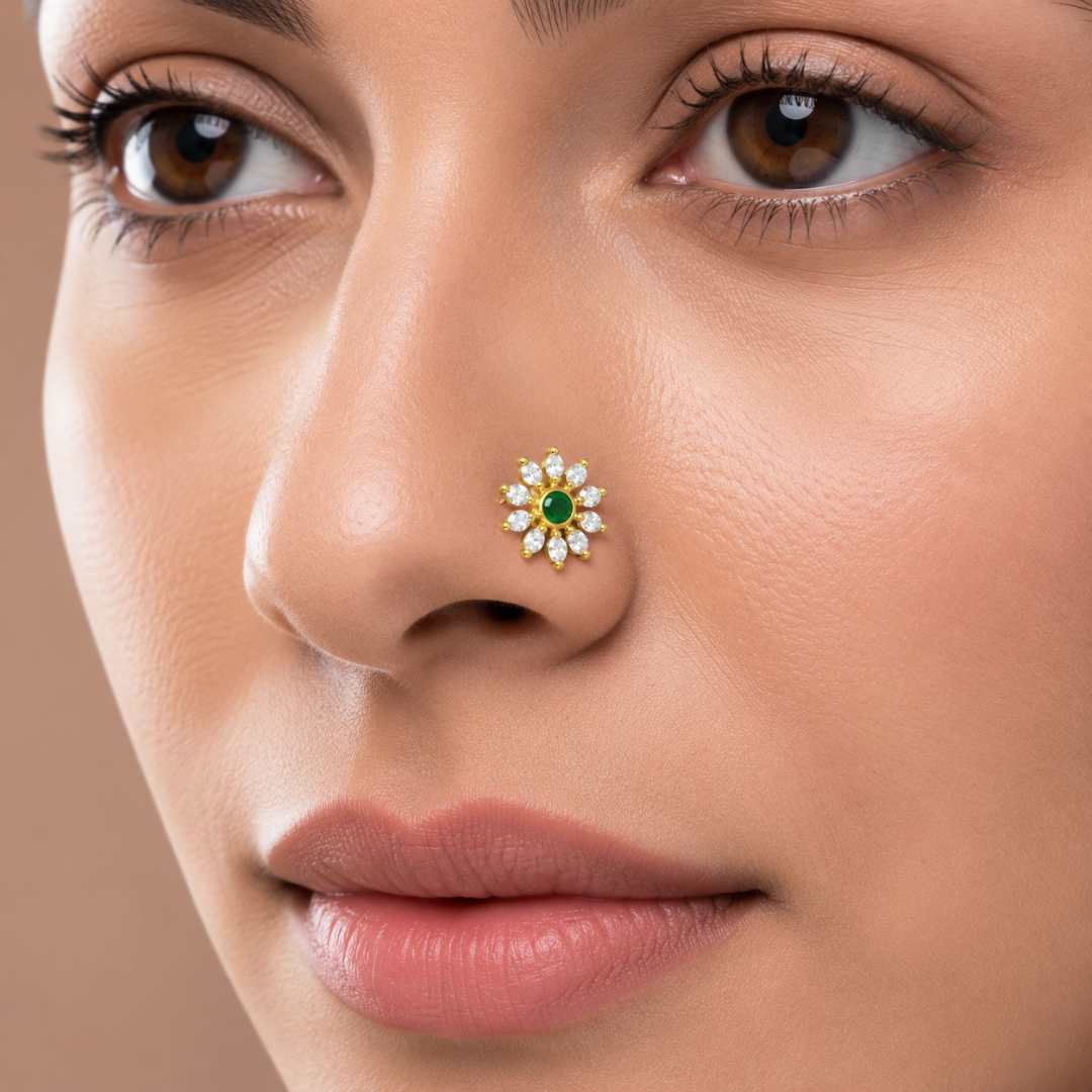 Emerald Sunburst Gold-Plated Silver Nose Pin