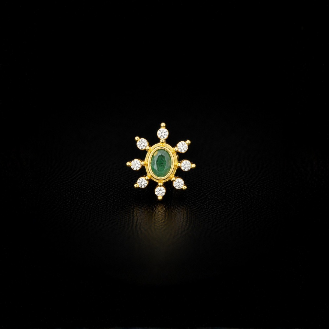 Gold Plated 92.5 Sterling Silver Green Stone Sunburst Nose Pin