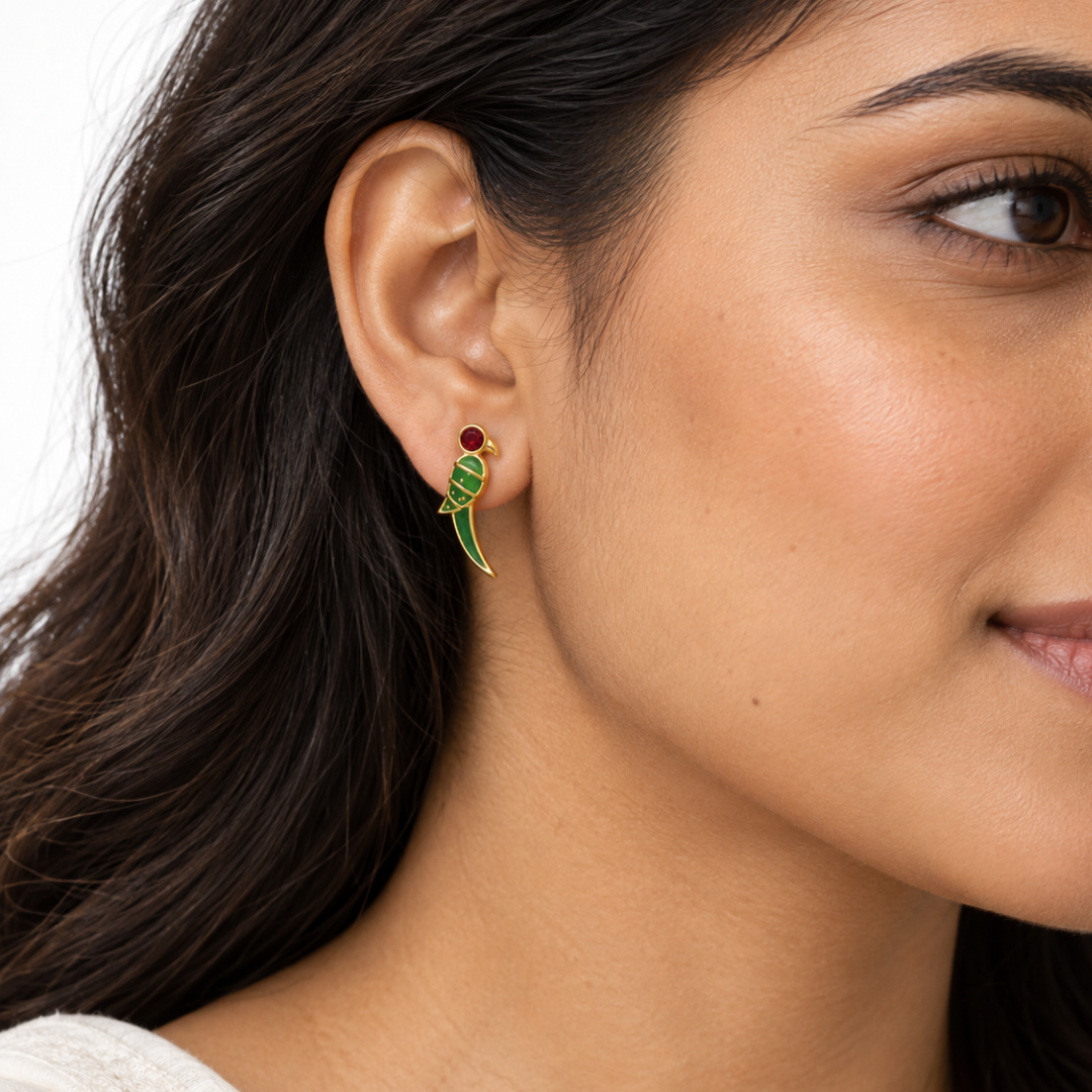 Emerald Parrot Golden Silver Earrings