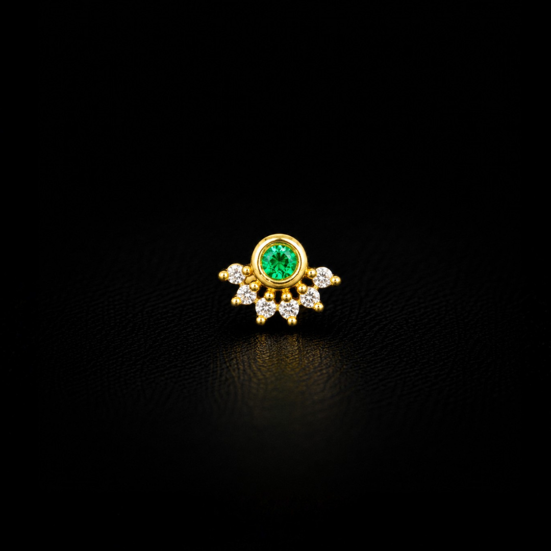 Gold Plated 92.5 Sterling Silver Emerald Green CZ Floral Nose Pin