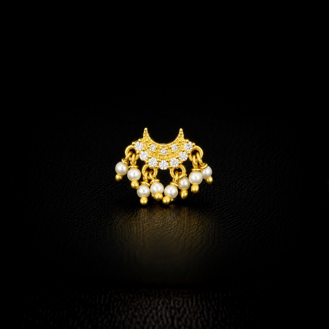 Gold Plated 92.5 Sterling Silver CZ & Pearl Crescent Moon Nose Pin