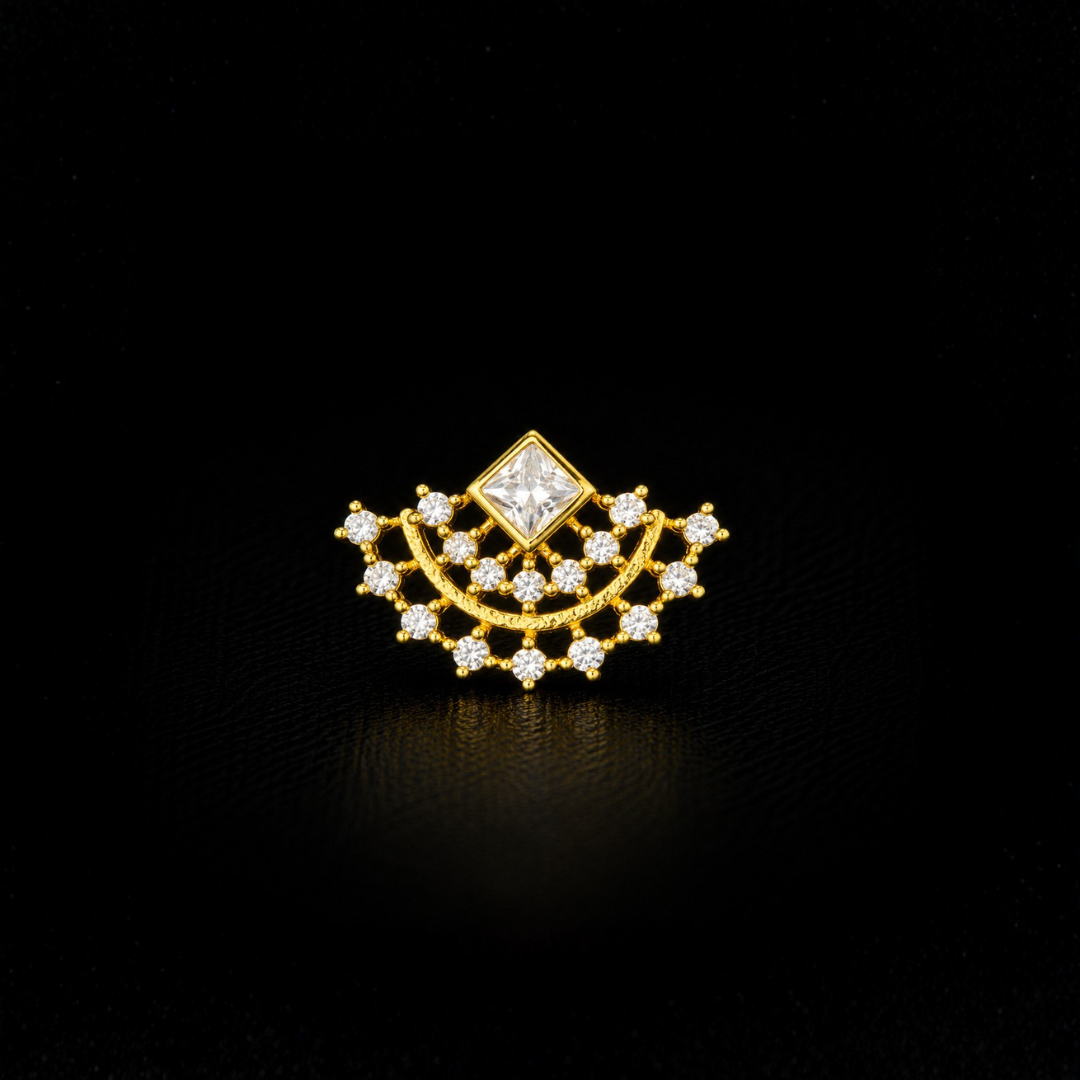 Gold Plated 92.5 Sterling Silver CZ Fan Design Nose Pin