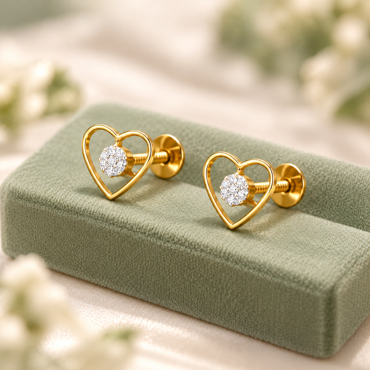Gold Open Heart Diamond Cluster Stud Earrings