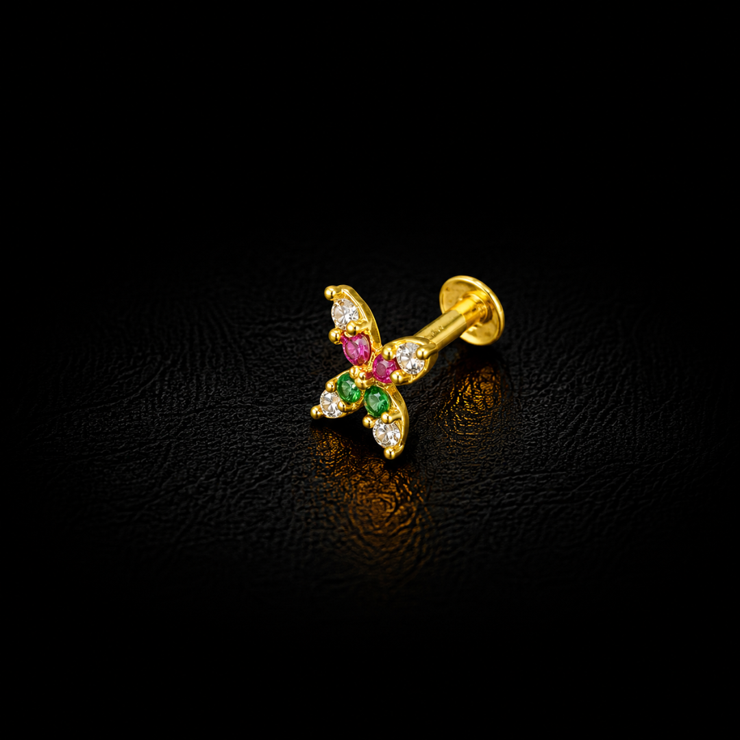 Navaratna Butterfly Gold-Plated Silver Nosepin