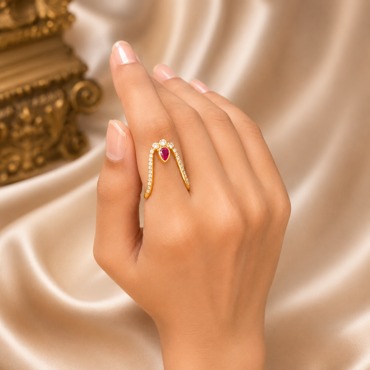 Gold Plated 925 Silver CZ & Ruby Vanki Ring | Adjustable Traditional Ring