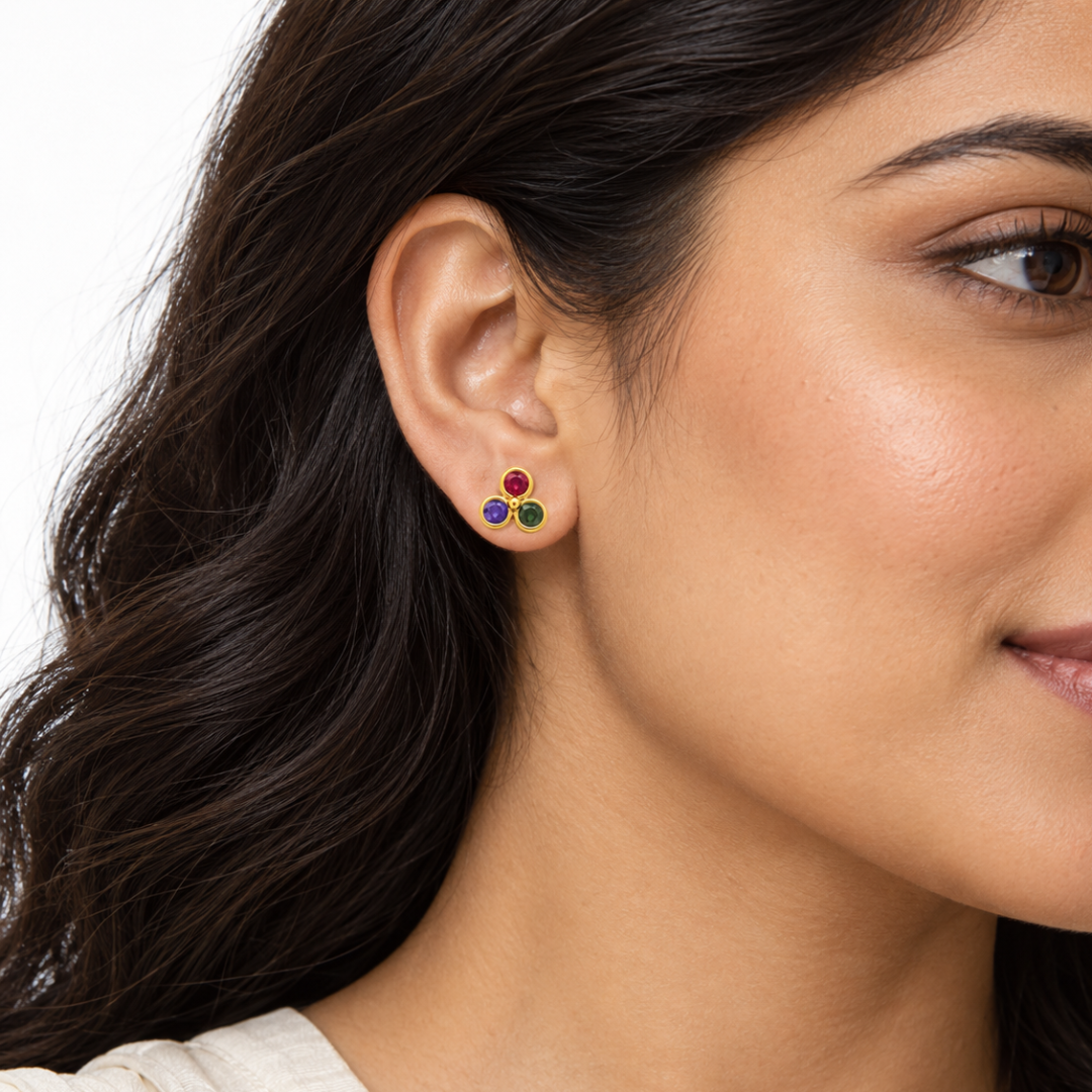 Tricolor Gemstone Golden Earrings
