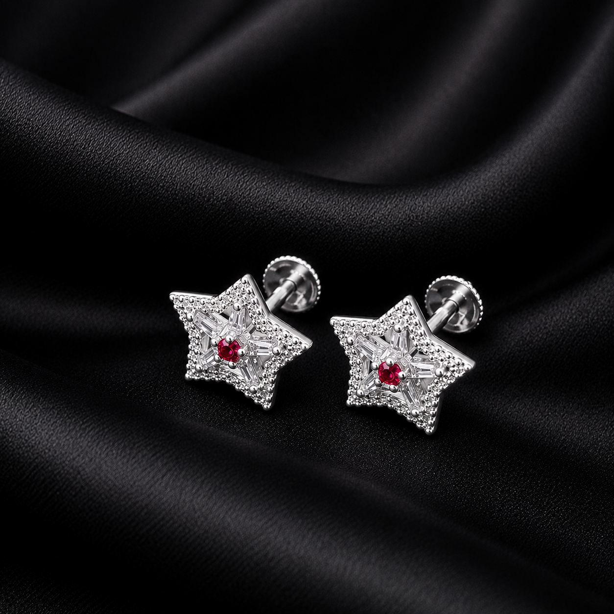 Ruby Star Sparkle Silver Earrings