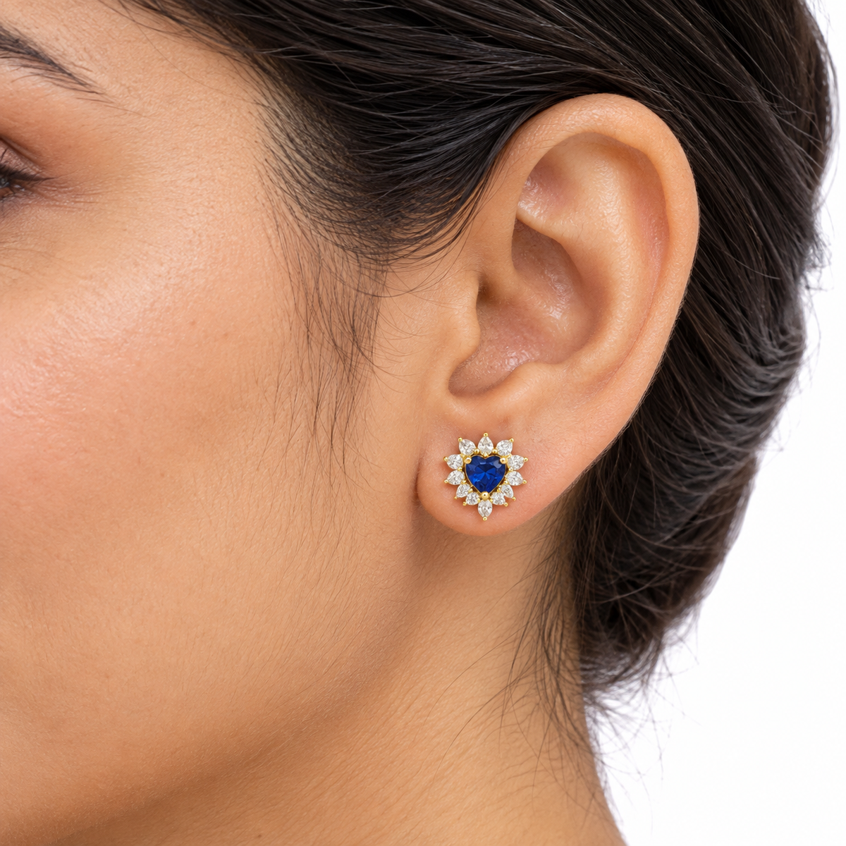 9K Gold Deep Blue Heart Halo Studs