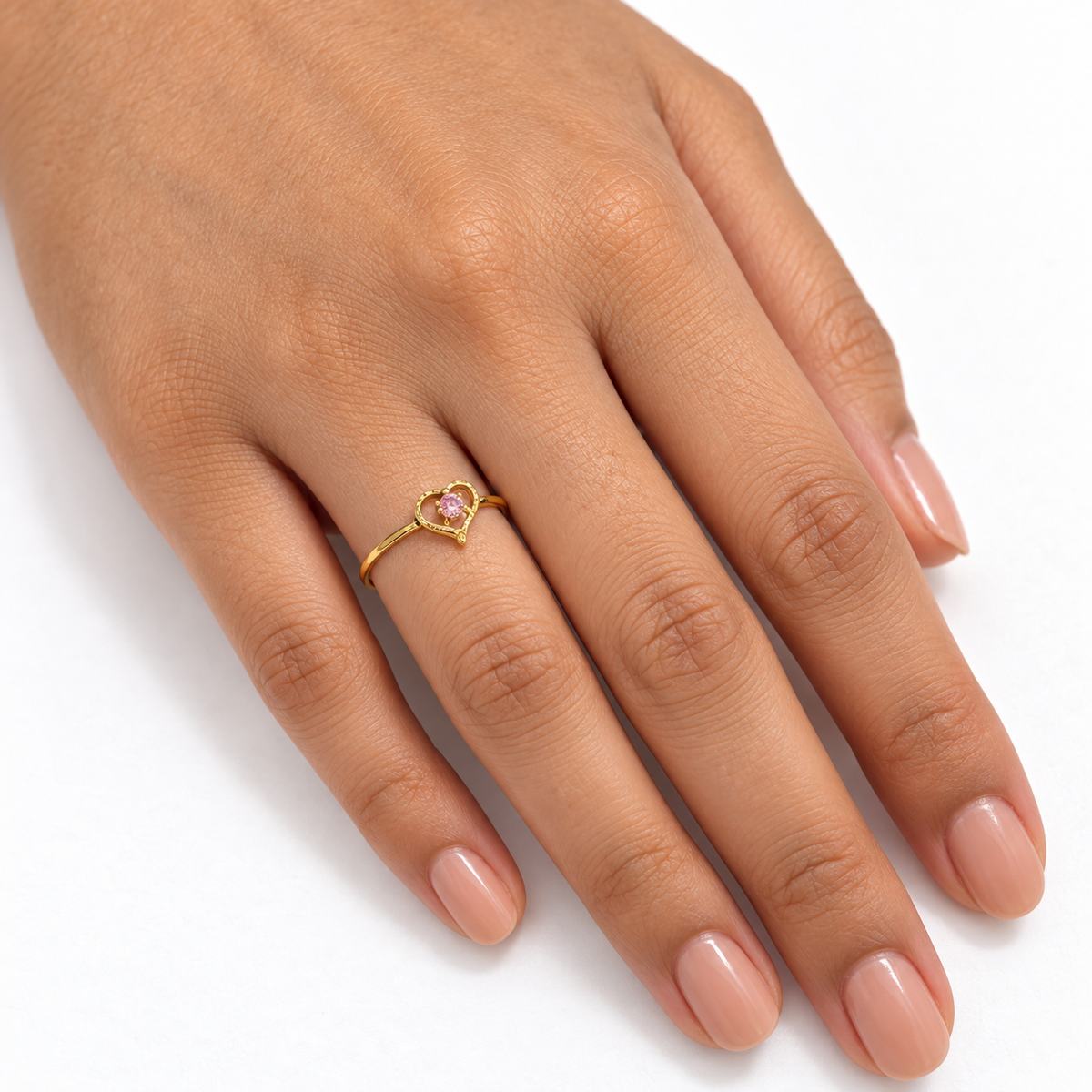 18K Gold Pink Stone Open Heart Ring