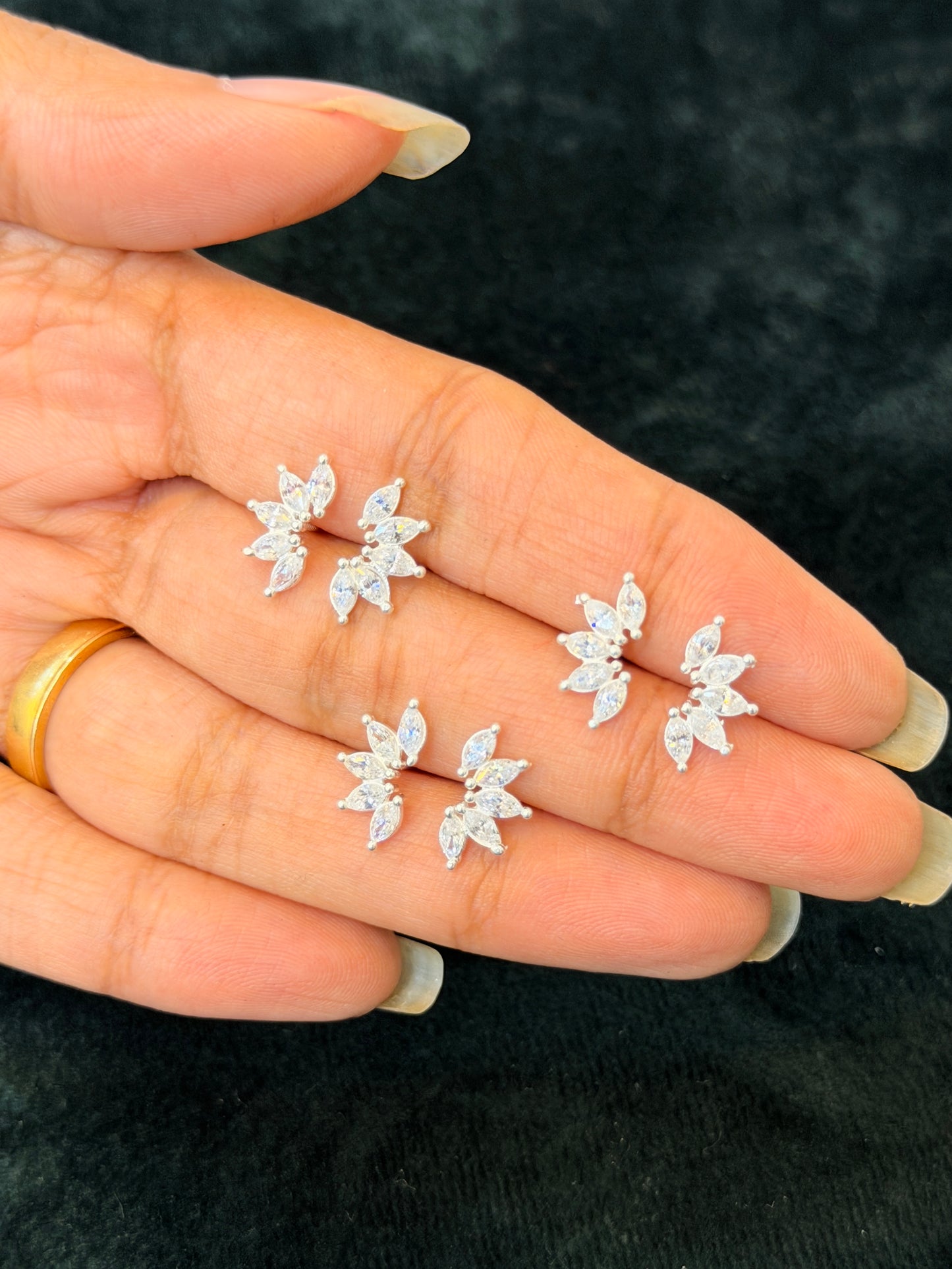 92.5 Sterling Silver CZ Floral Ear Cuff Stud Earrings