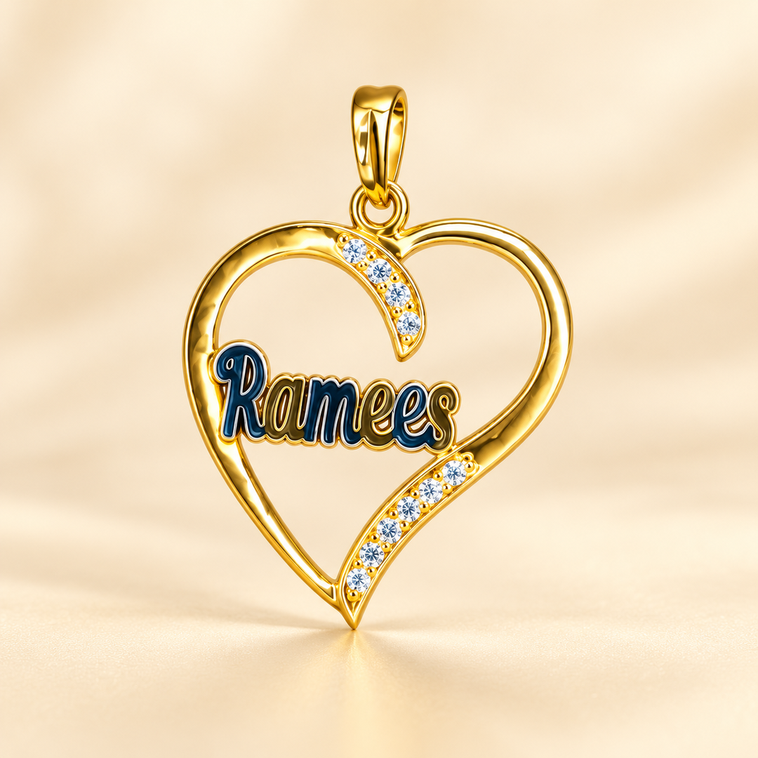 22K Gold Heart Name Pendant with Blue Enamel