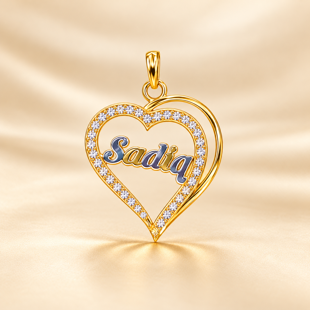 22K Gold Stone Heart Name Pendant with Blue Enamel