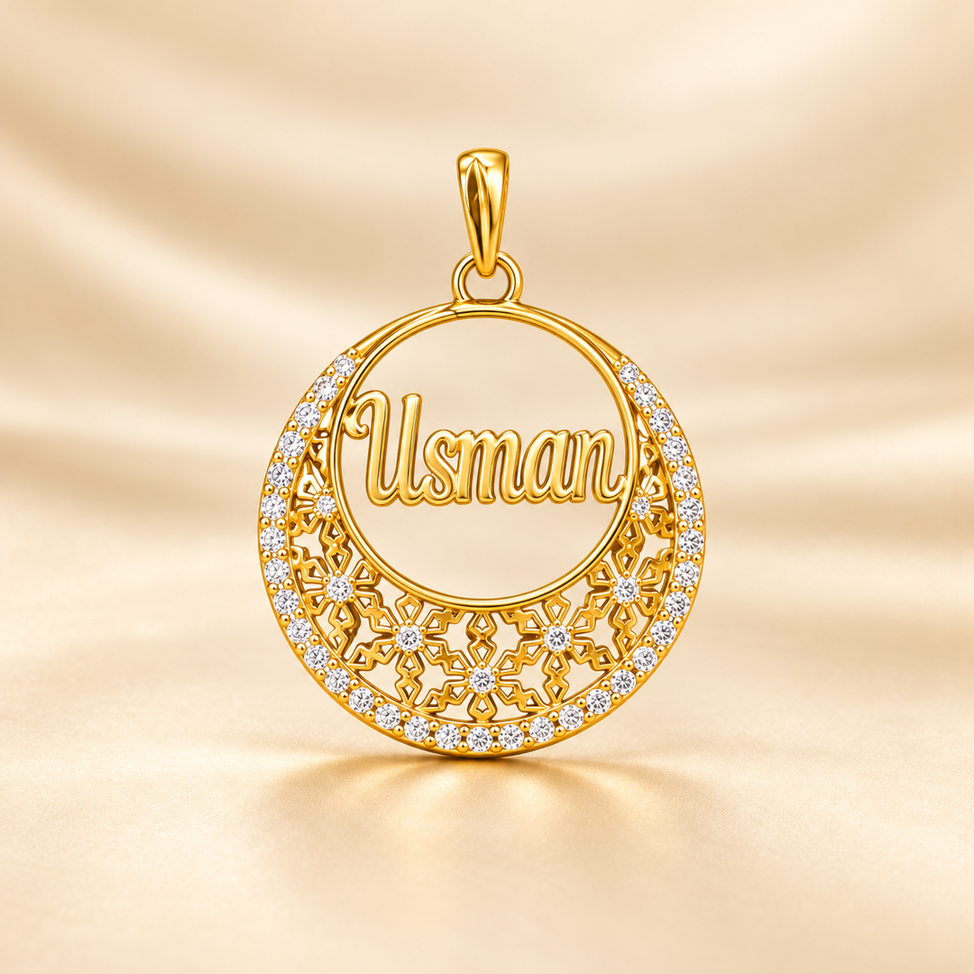 22K Gold Round Name Pendant with Stone Ring and Lattice