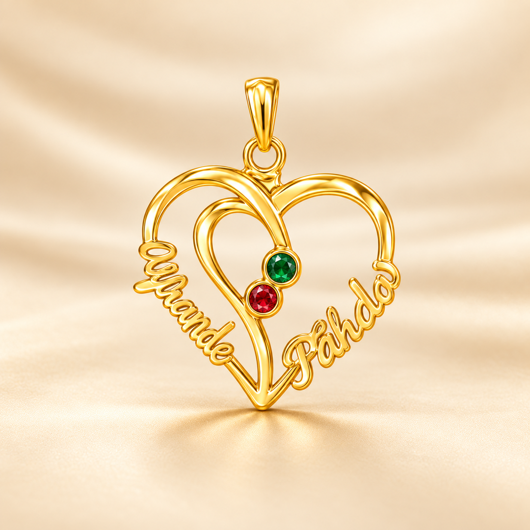 22K Gold Couple Names Heart Pendant with Birthstones