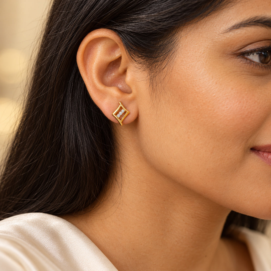 Gold Geometric Diamond Bar Stud Earrings