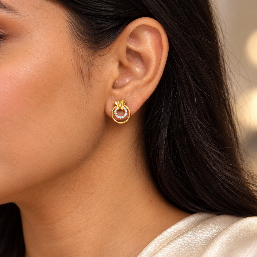 Gold Butterfly Double Circle Diamond Stud Earrings
