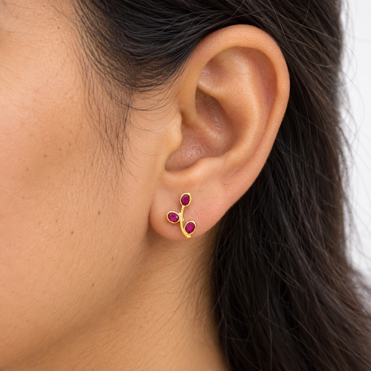 Triple Ruby Golden Silver Earrings