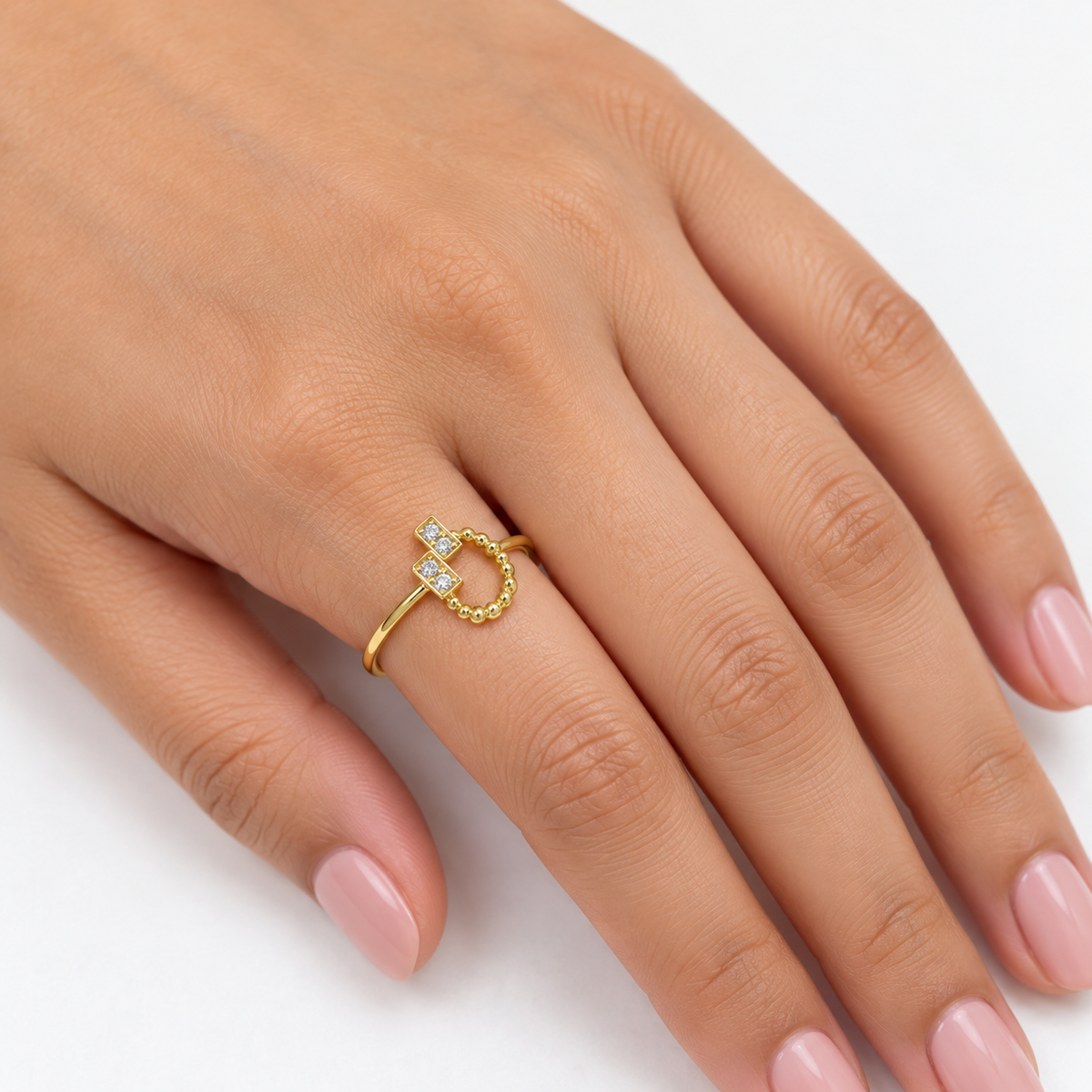 18K Gold Twin Square Stone Beaded Ring