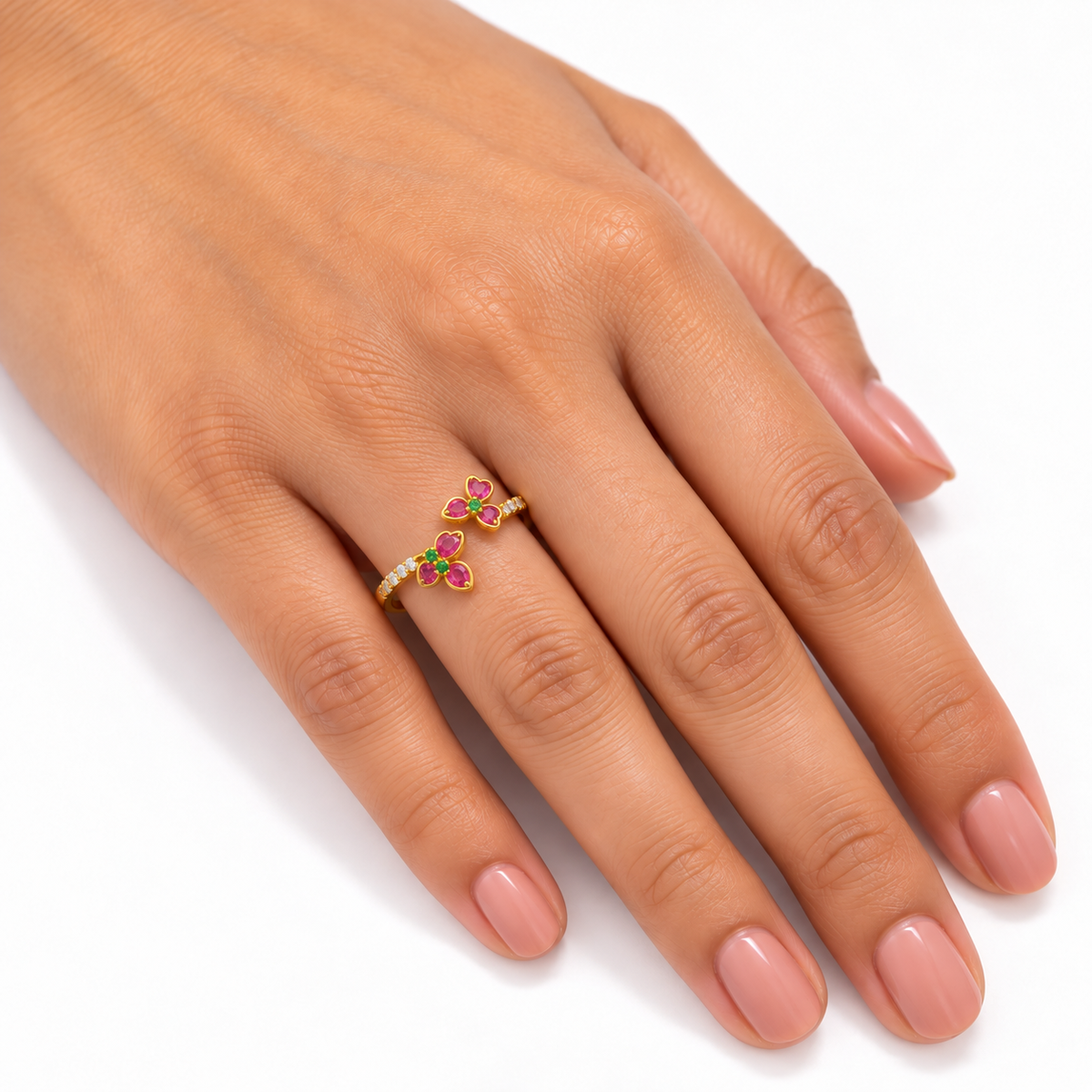18K Gold Pink Heart Stone Double Floral Ring