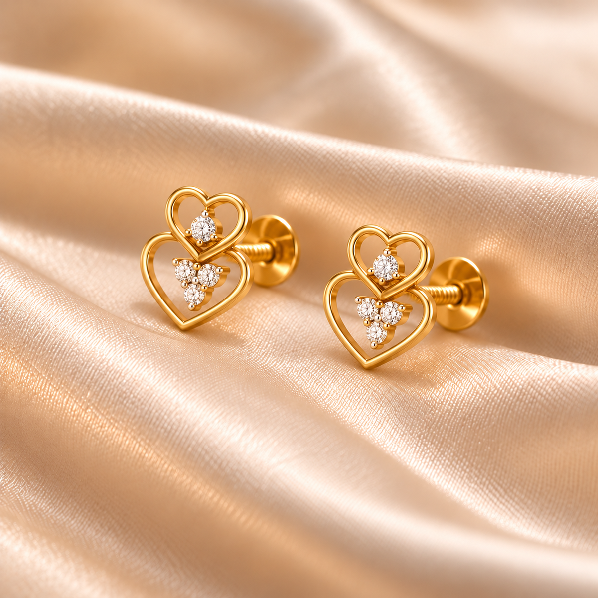 Gold Double Heart Diamond Stud Earrings