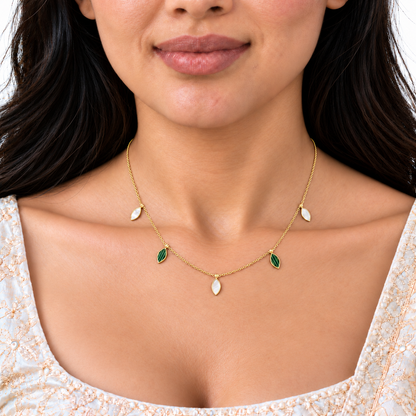 18K Gold Green and White Leaf Drop Chain
