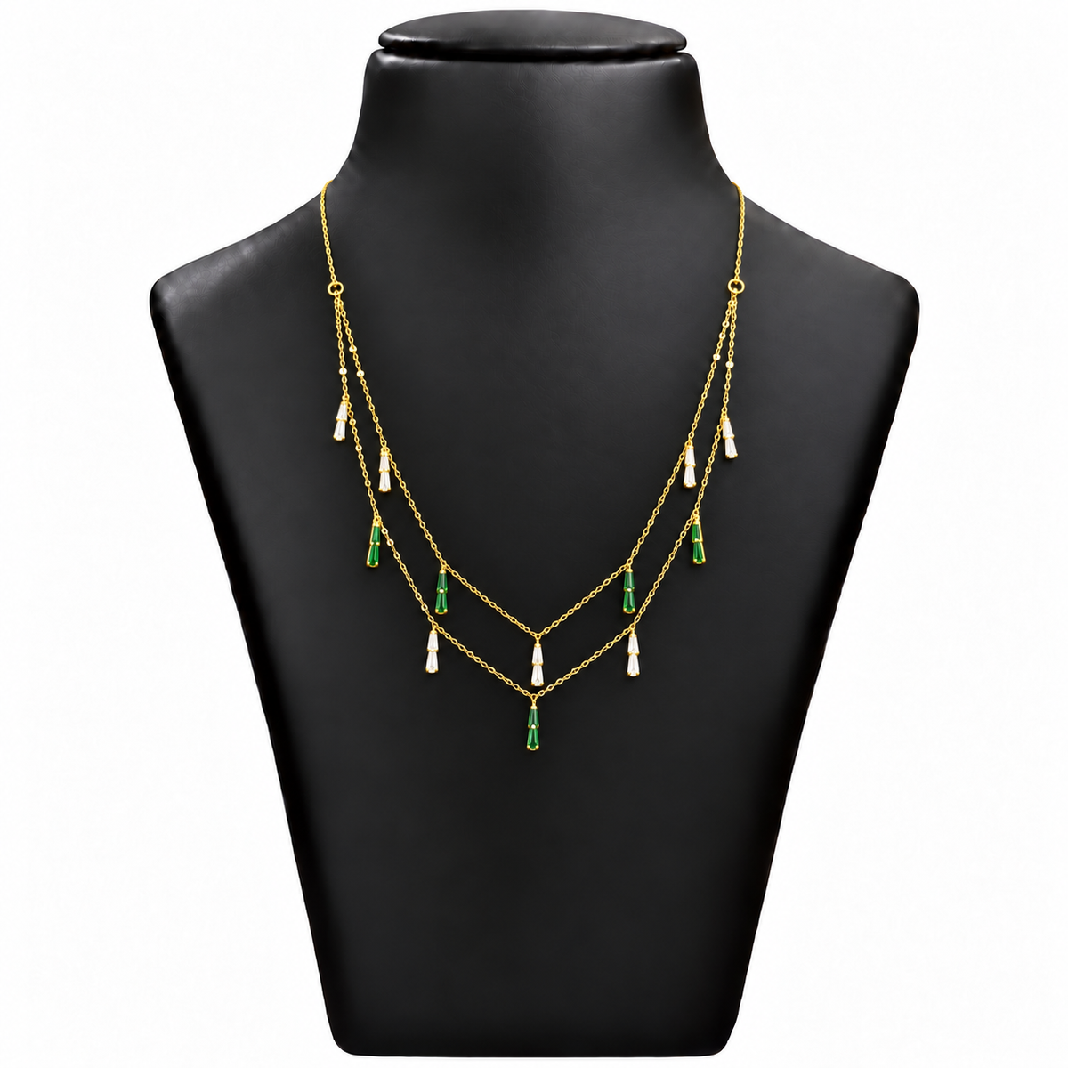 18K Double Layer Green & White Stone Drop Chain