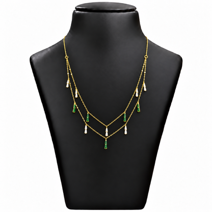 18K Double Layer Green & White Stone Drop Chain