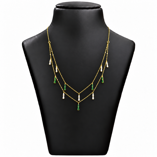 18K Double Layer Green & White Stone Drop Chain