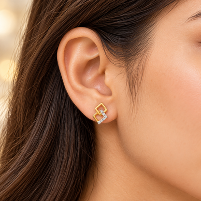 Gold Interlocking Square Diamond Stud Earrings