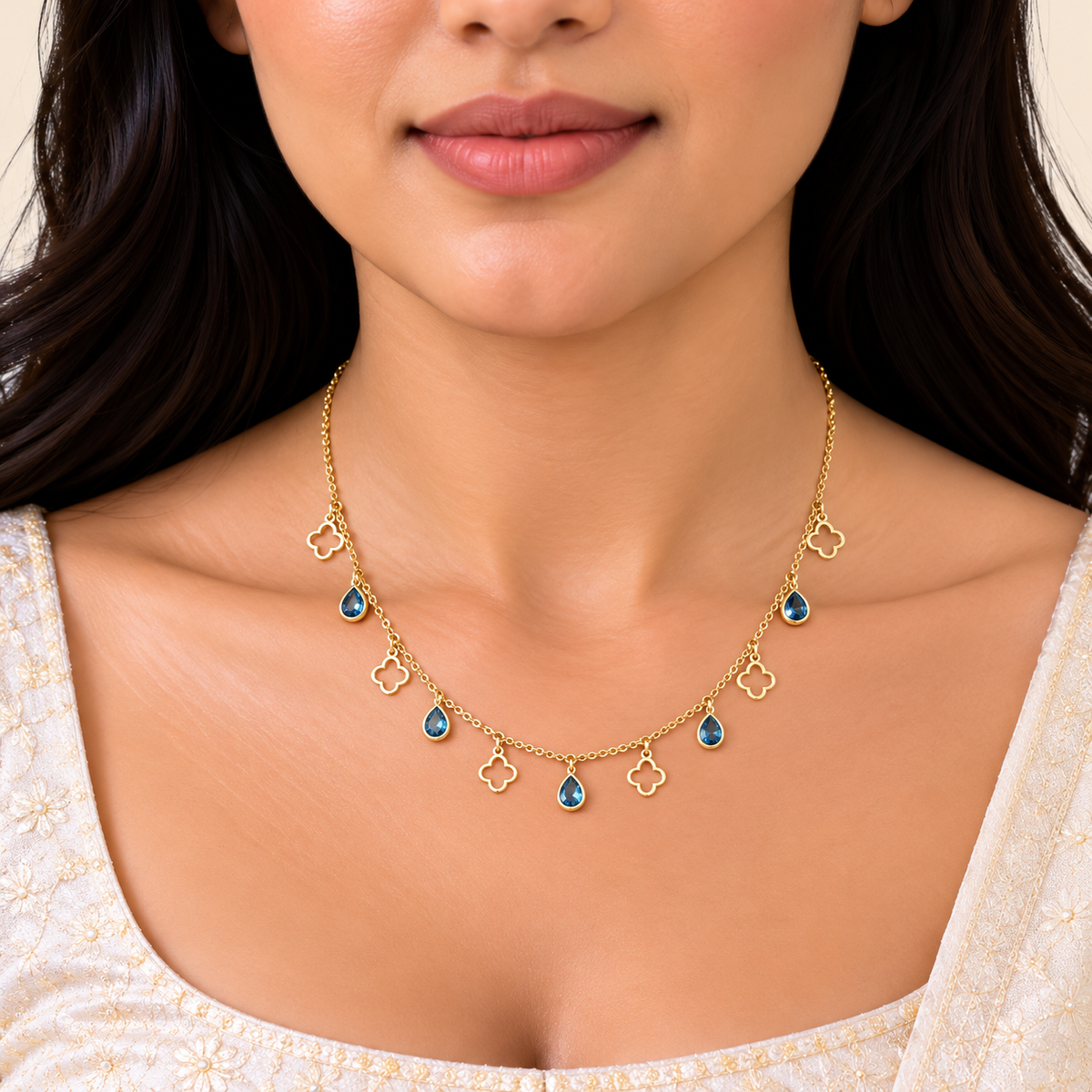 18K Gold Clover and Blue Teardrop Charm Chain – 18 Inch
