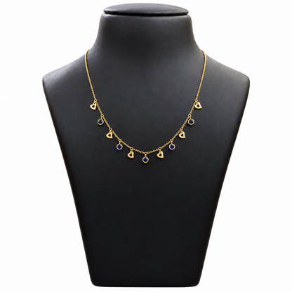18K Gold Heart Charm and Blue Stone Necklace 18 Inch