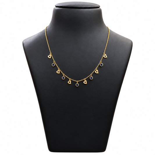 18K Gold Heart Charm and Blue Stone Necklace 18 Inch