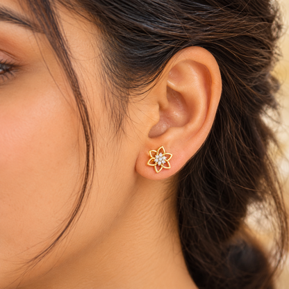 Gold Six Petal Floral Diamond Cluster Stud Earrings