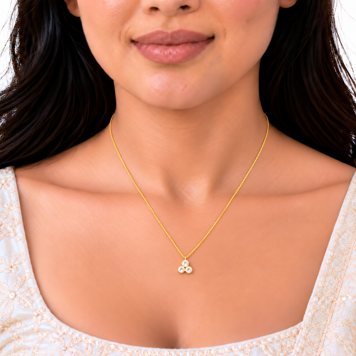 18K Gold Three Stone Floral Pendant Chain
