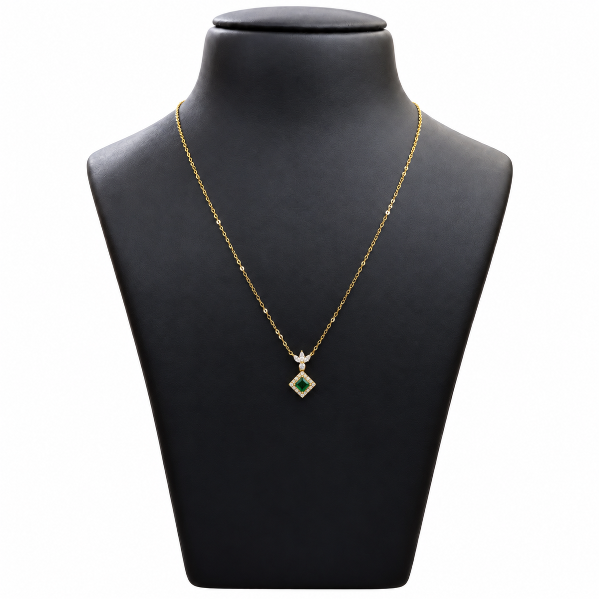 18K Gold Chain with Green Stone Diamond-Style Pendant 18 Inch