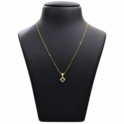 18K Gold Chain with Green Stone Diamond-Style Pendant 18 Inch