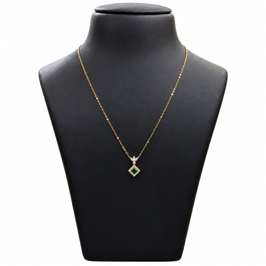 18K Gold Chain with Green Stone Diamond-Style Pendant 18 Inch