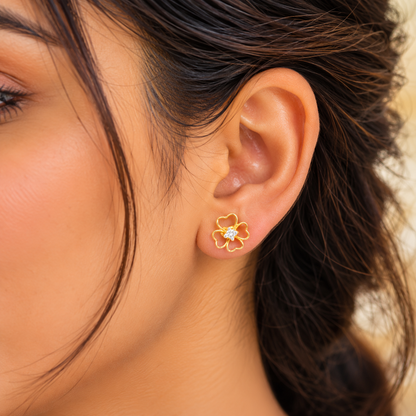 Gold Four Petal Heart Floral Diamond Stud Earrings