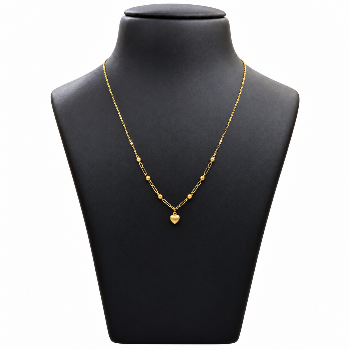 18K Gold Ball and Link Chain with Heart Pendant 18 Inch