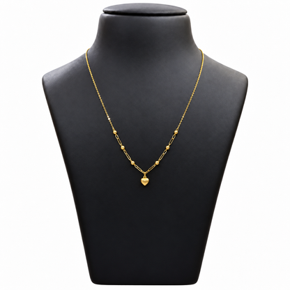18K Gold Ball and Link Chain with Heart Pendant 18 Inch