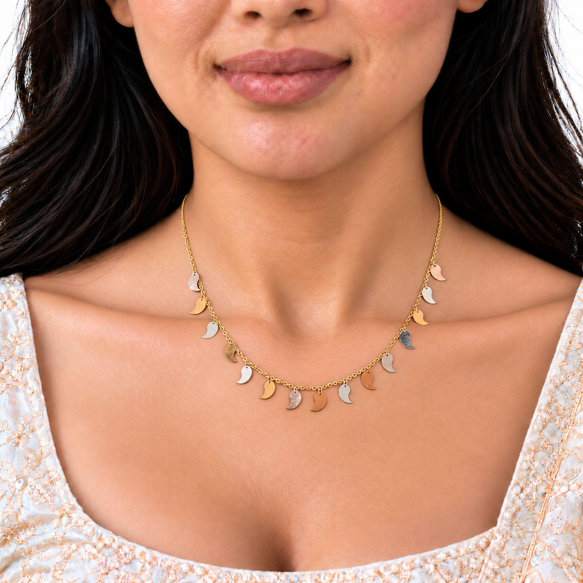 18K Gold Two-Tone Crescent Moon Charm Chain